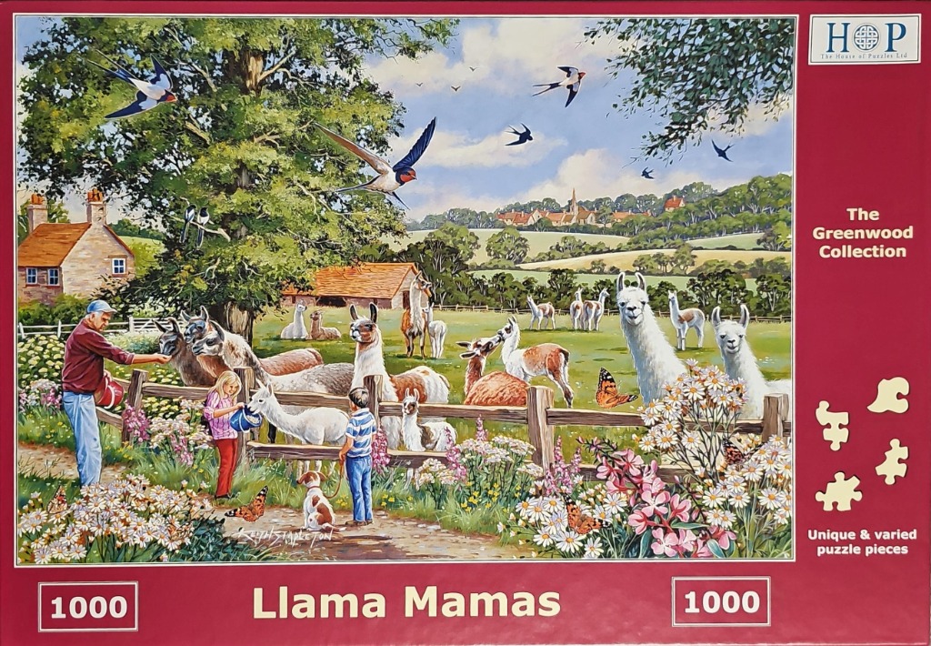 An illustration of a man and two children feeding llamas in a sunlit meadow with a village in the background.