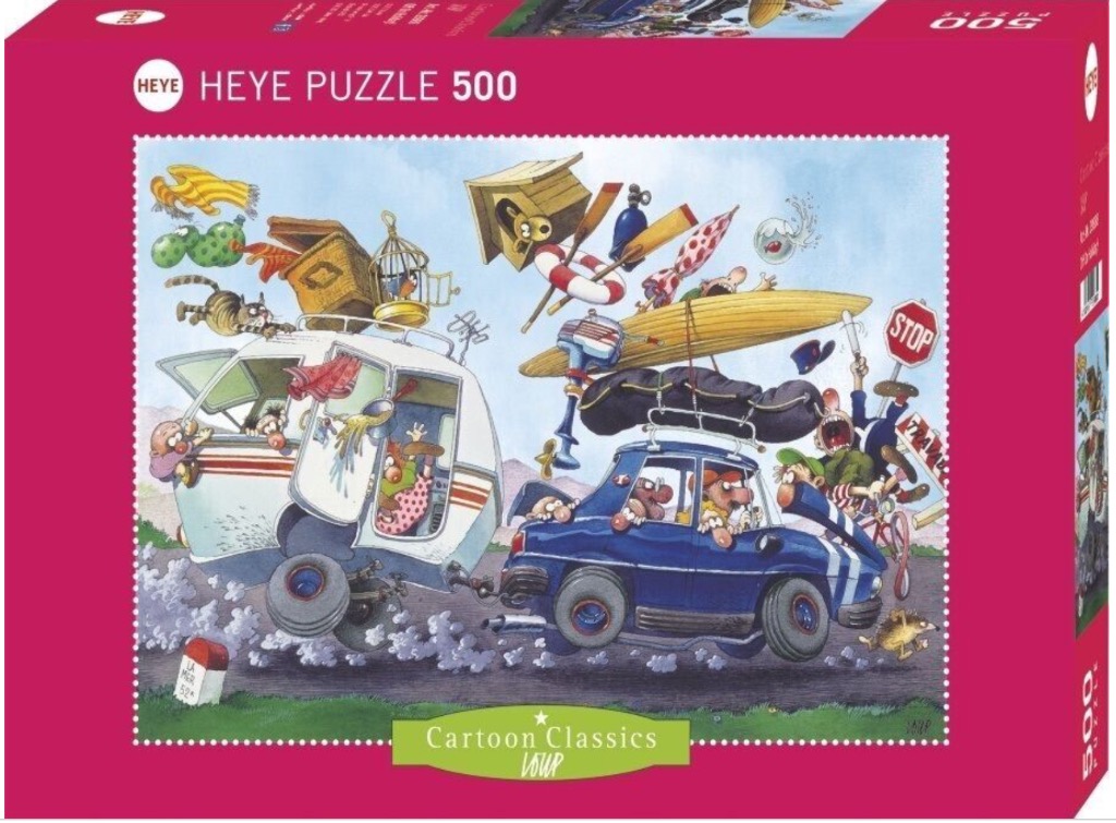 A humorous cartoon illustration of a overloaded car pulling a camper trailer filled with chaotic vacationers.