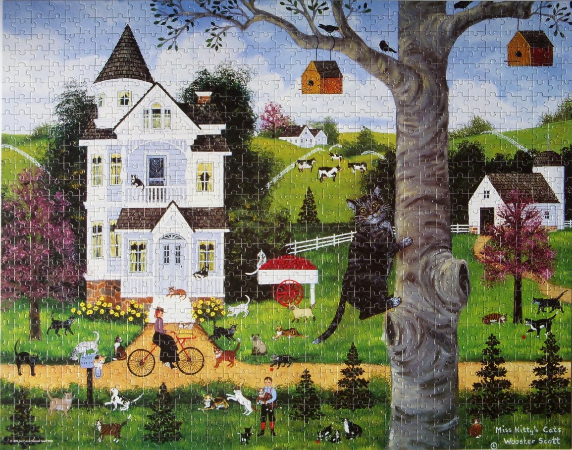 A whimsical folk art painting of a Victorian house, a large tree, and many cats in a rolling countryside setting.