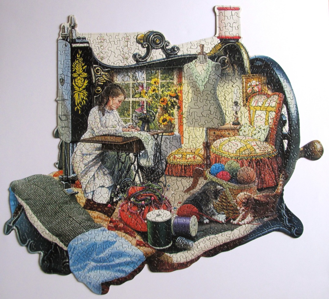 An illustration of a woman sewing in a room shaped like a vintage sewing machine.