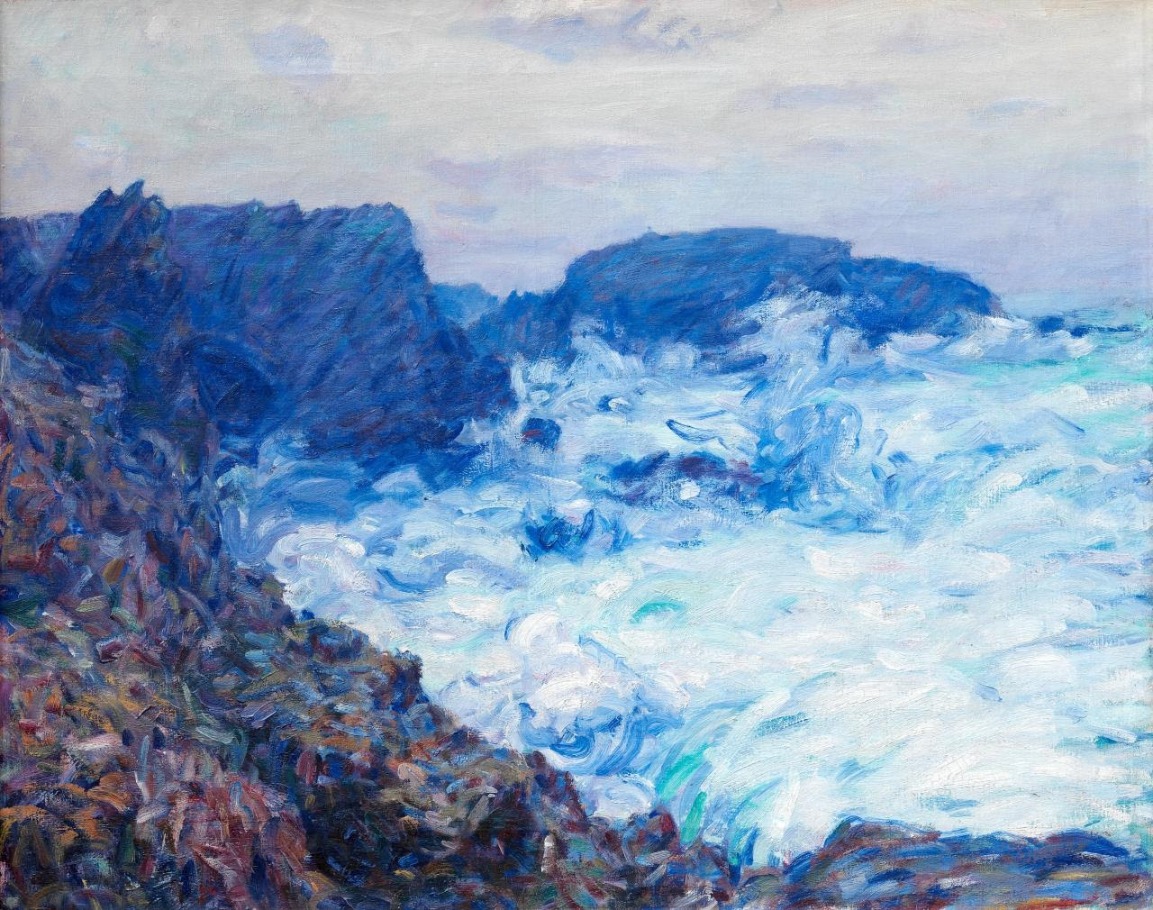 Impressionist painting of turbulent ocean waves crashing against jagged, dark rocky cliffs under a soft, cloudy sky.