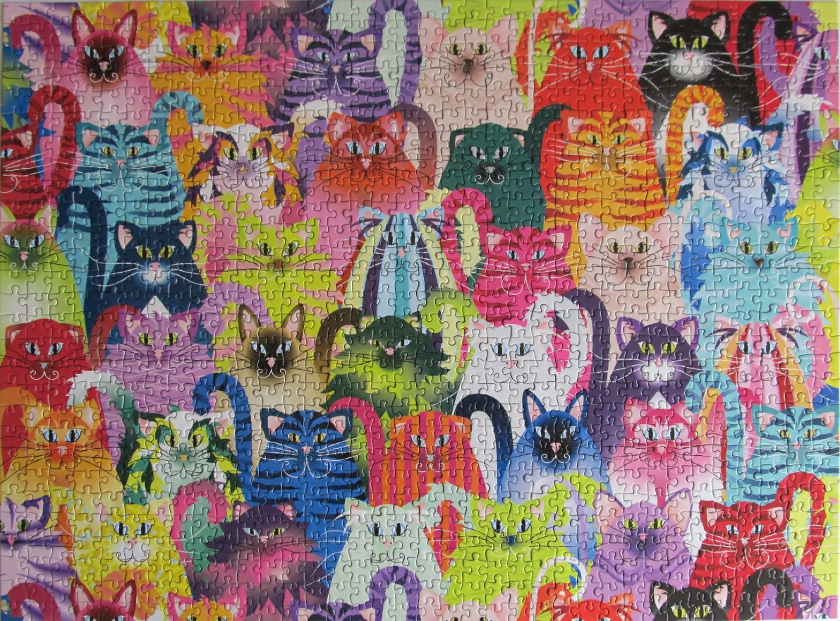 A whimsical illustration of many colorful, stylized cats packed tightly together.