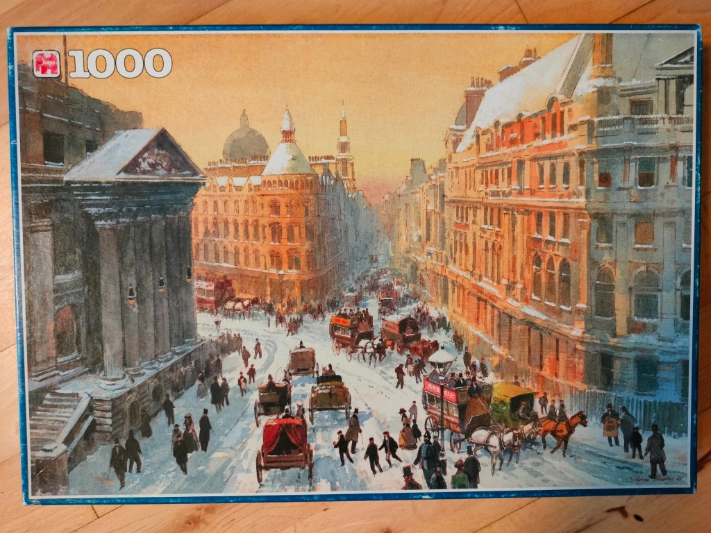 An illustration of a snowy 19th-century London street scene with horse-drawn carriages and classical architecture.