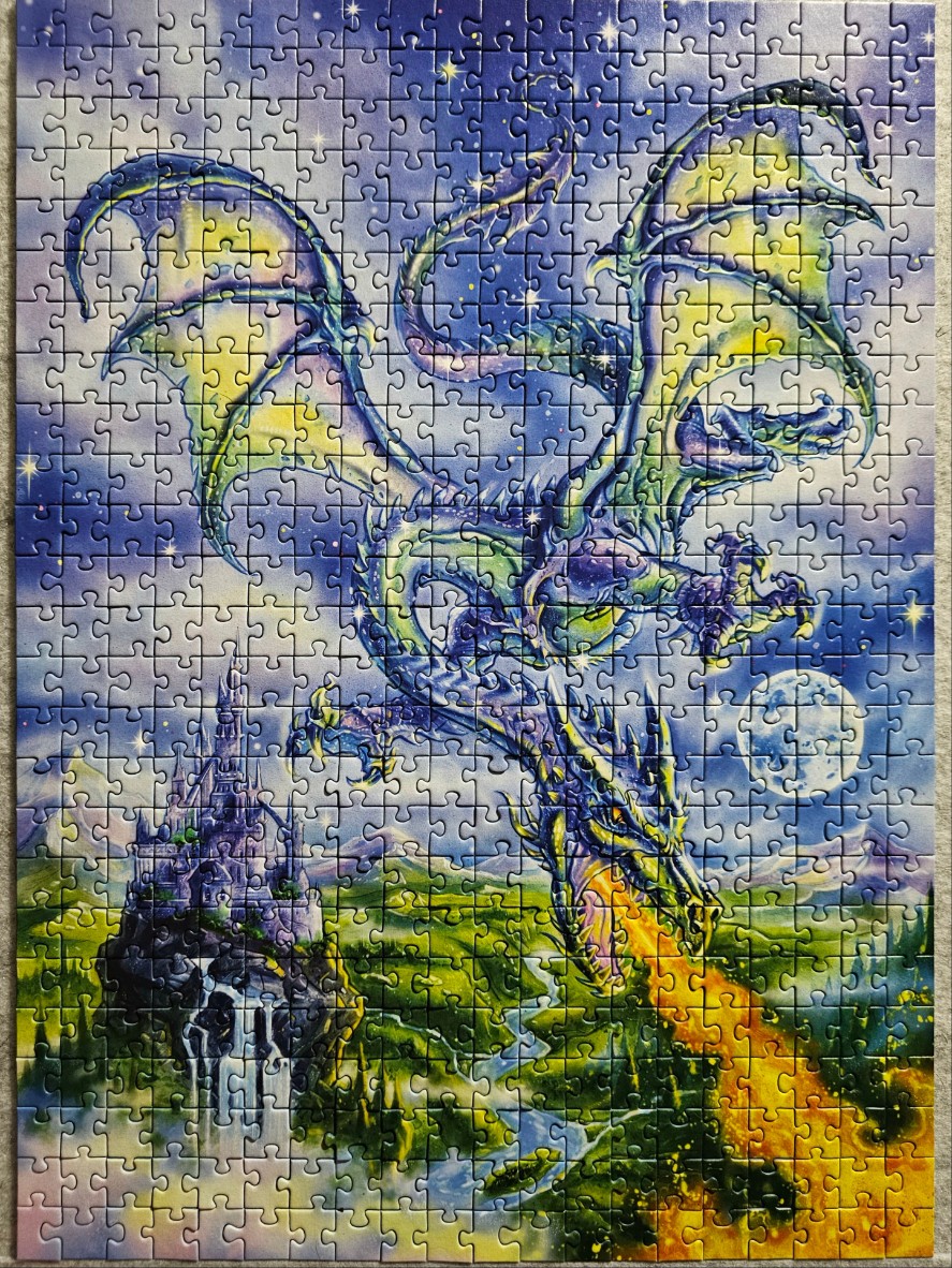 A fantasy illustration of a dragon soaring over a castle and landscape under a starry night sky.