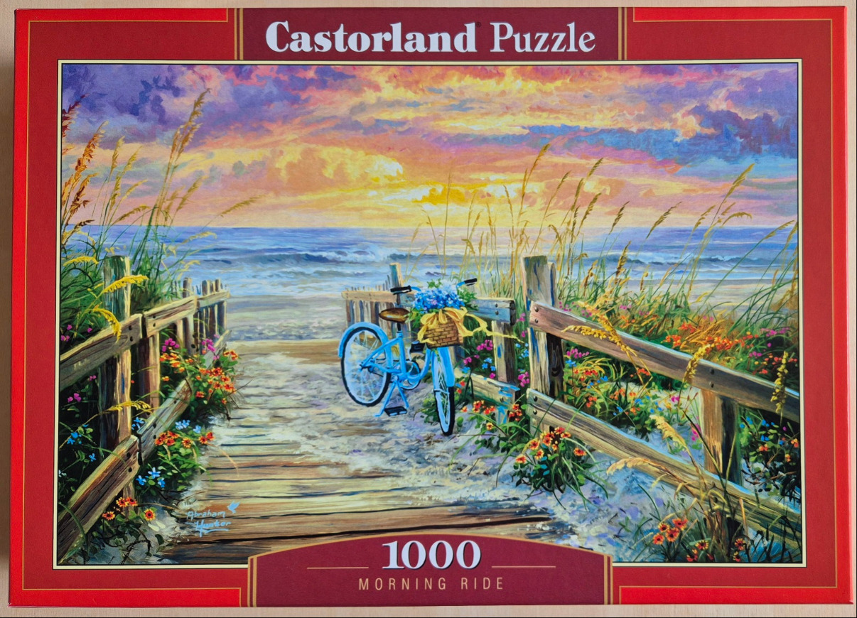 A blue bicycle with a basket of flowers parked on a wooden boardwalk leading to a beach at sunset.