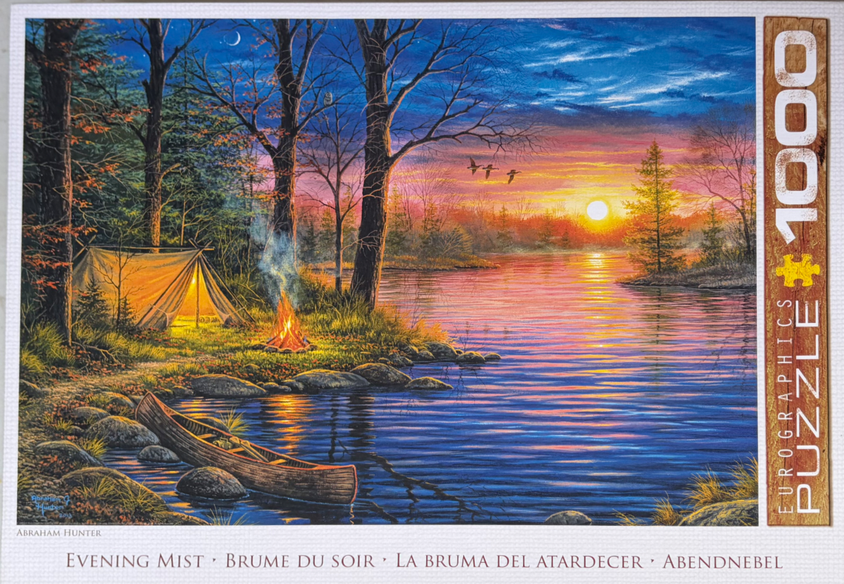 A scenic painting of a lakeside campsite at sunset with a glowing campfire, a tent, and a wooden canoe.