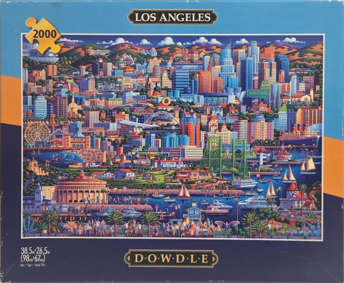 An illustration of the Los Angeles cityscape featuring a mix of urban architecture, a harbor, and distant hills.