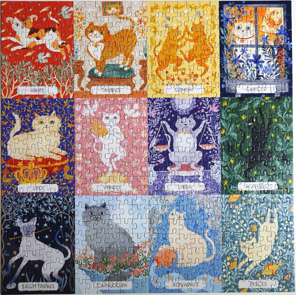 A grid of twelve stylized cat portraits, each representing a different zodiac sign.
