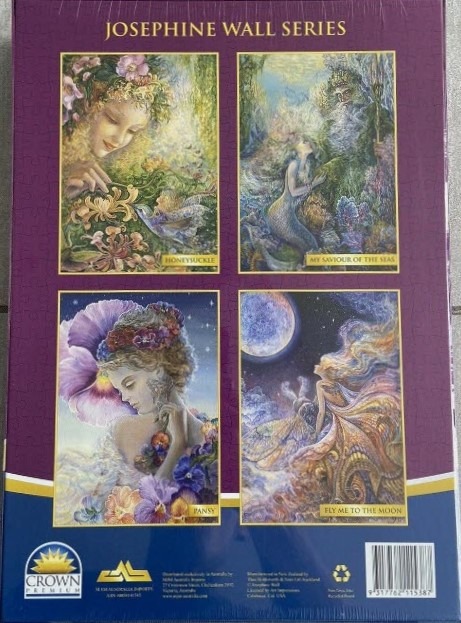 Four fantasy art illustrations depicting ethereal figures and nature themes including Honeysuckle, Sea, Pansy, and Moon.