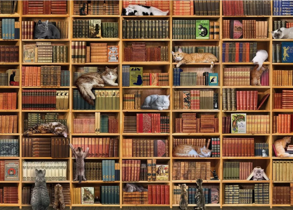 Many cats lounging and playing among rows of old, leather-bound books on tall wooden shelves.