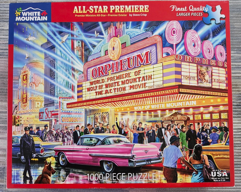 Painting of a 1950s movie premiere at the Orpheum theater with a pink Cadillac in the foreground.