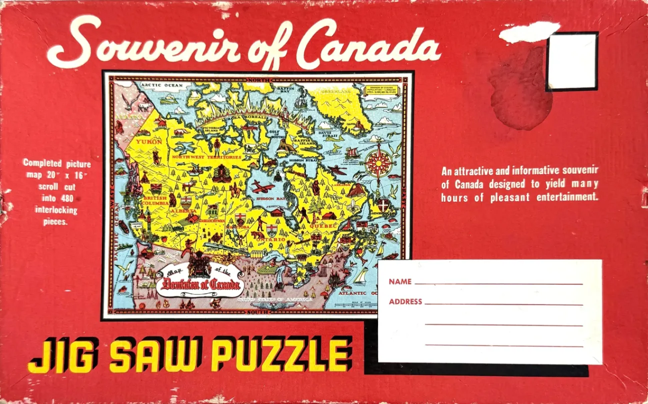 Vintage illustrated map of Canada set against a bright red background.