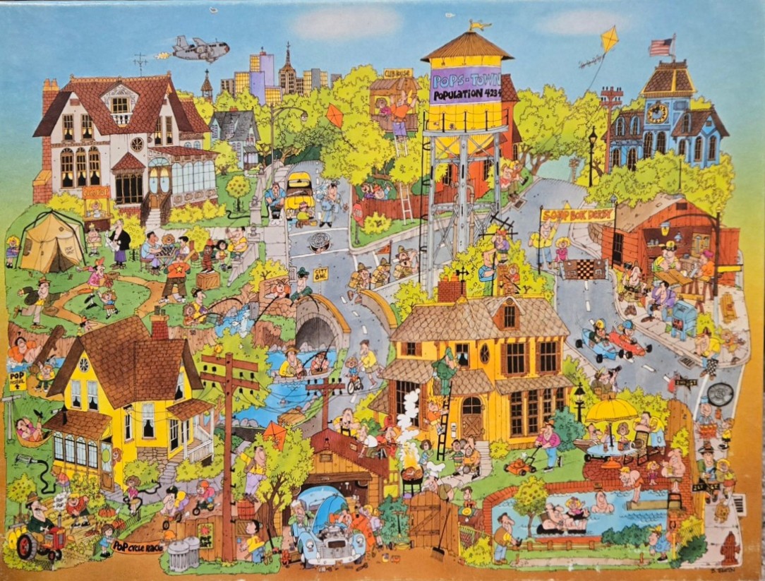 Cartoon illustration of a busy, colorful suburban neighborhood scene with many people, houses, and activities.