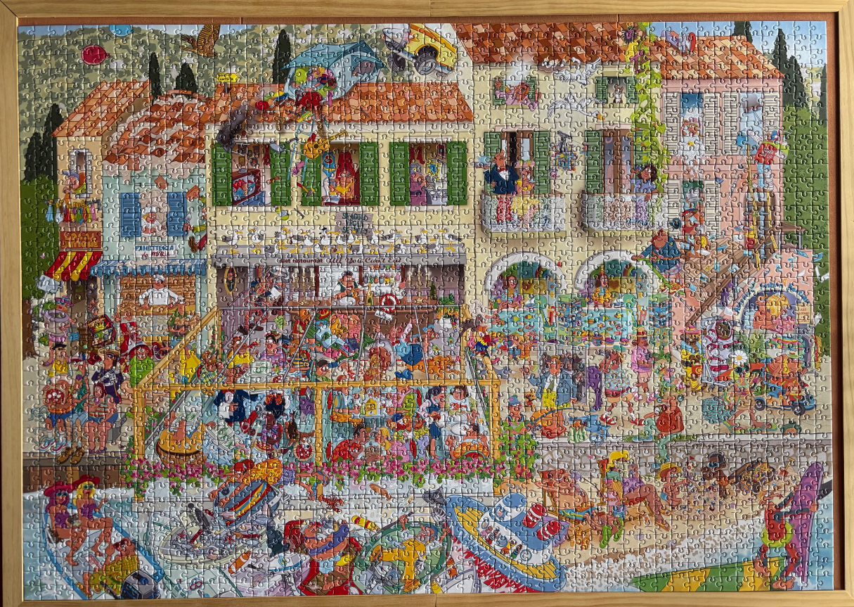 A chaotic, humorous cartoon illustration of a bustling seaside Mediterranean town with many comical characters.