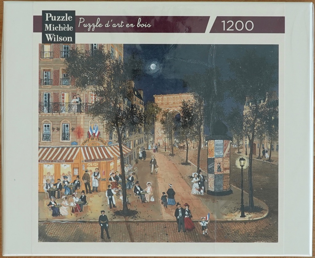 A nighttime oil painting of a lively Parisian street scene featuring the Arc de Triomphe and a sidewalk cafe.