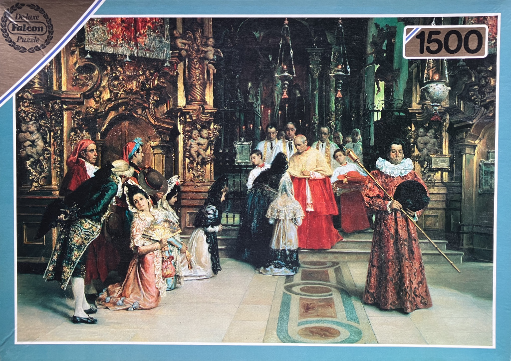 An oil painting of a formal church ceremony with a procession of clergy and elegantly dressed congregants.