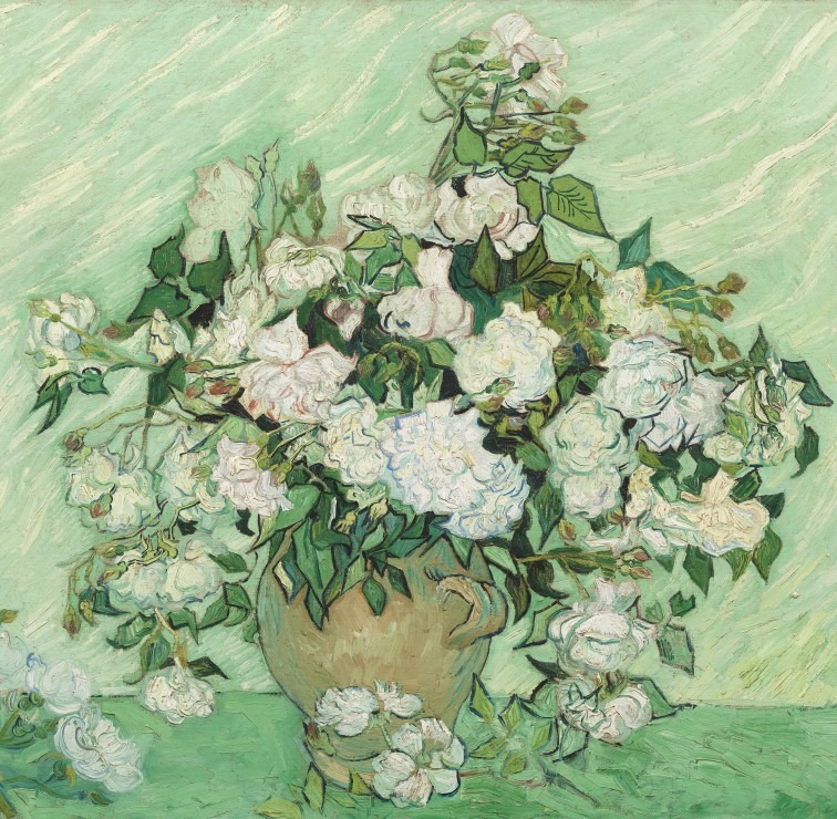 An oil painting of white roses in a rounded pottery vase against a light green background.
