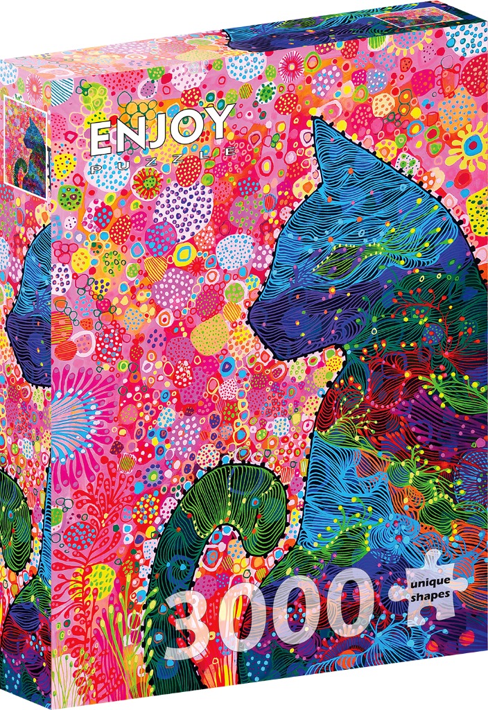 Stylized illustration of a blue cat silhouette filled with intricate, colorful patterns against a vibrant floral background.