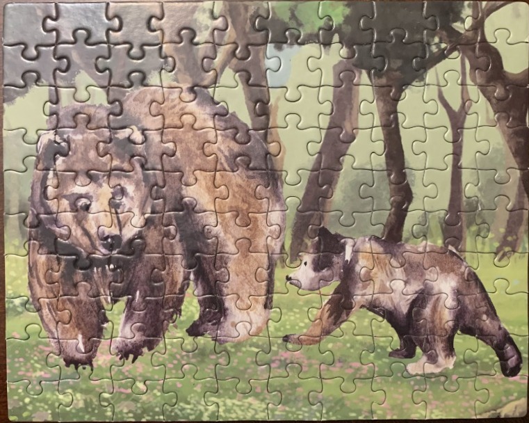 A painting of a large grizzly bear walking with a small cub through a sunlit forest.