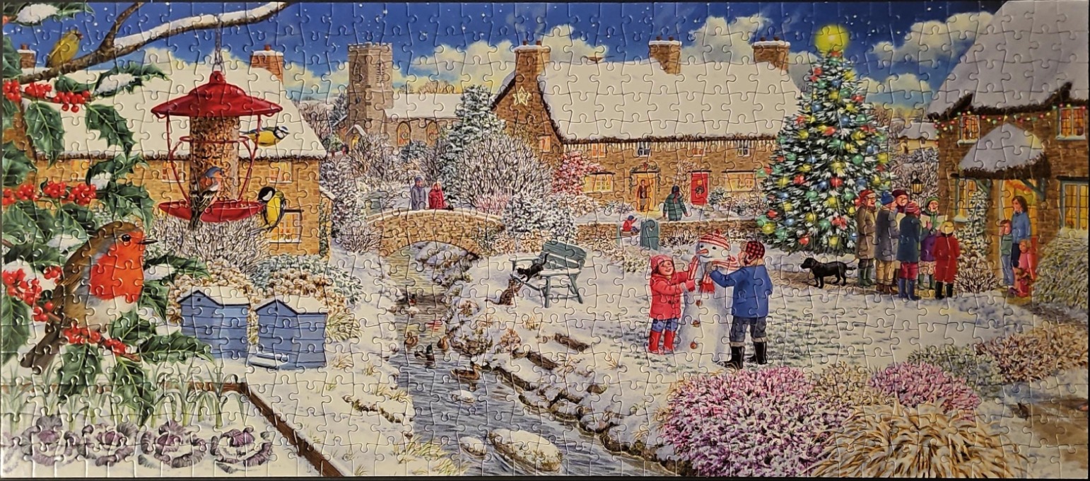 A cozy, snow-covered English village scene at Christmas with people, a snowman, and birds.
