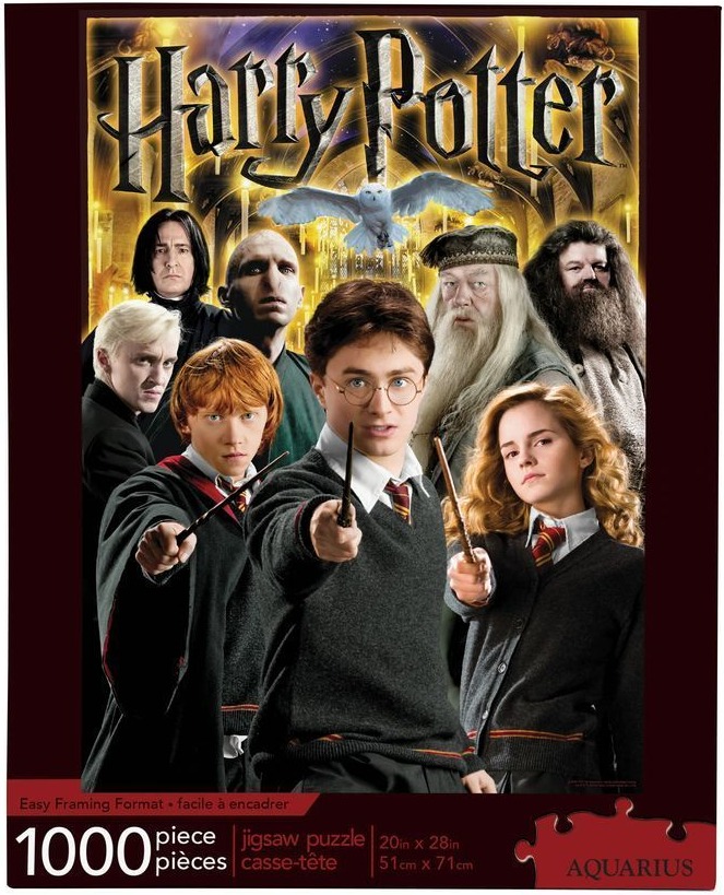Group portrait of Harry Potter characters including Harry, Ron, Hermione, Dumbledore, Hagrid, Snape, and Voldemort.