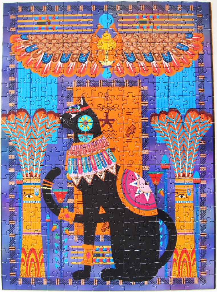 A stylized illustration of a black Egyptian cat sitting between two papyrus columns with a winged scarab above.