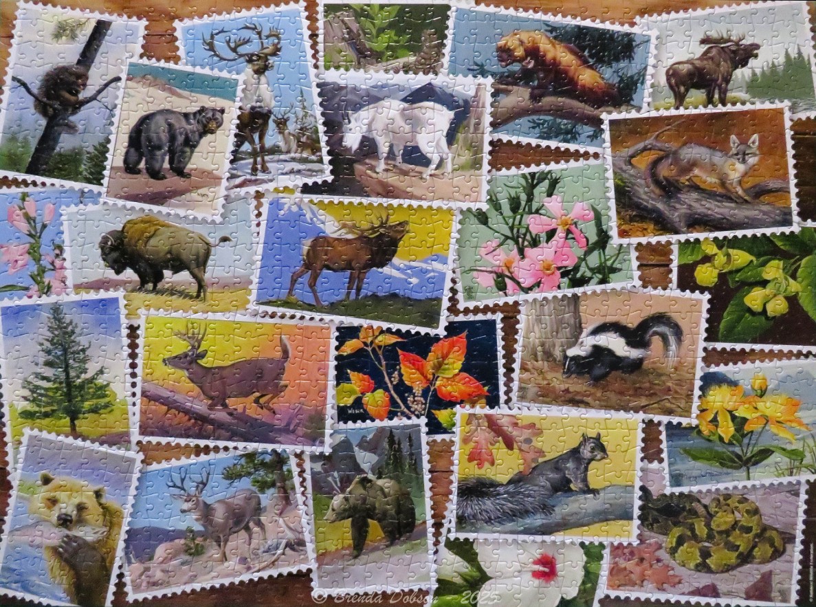 A collage of individual stamp-shaped illustrations featuring various North American wildlife and flora.