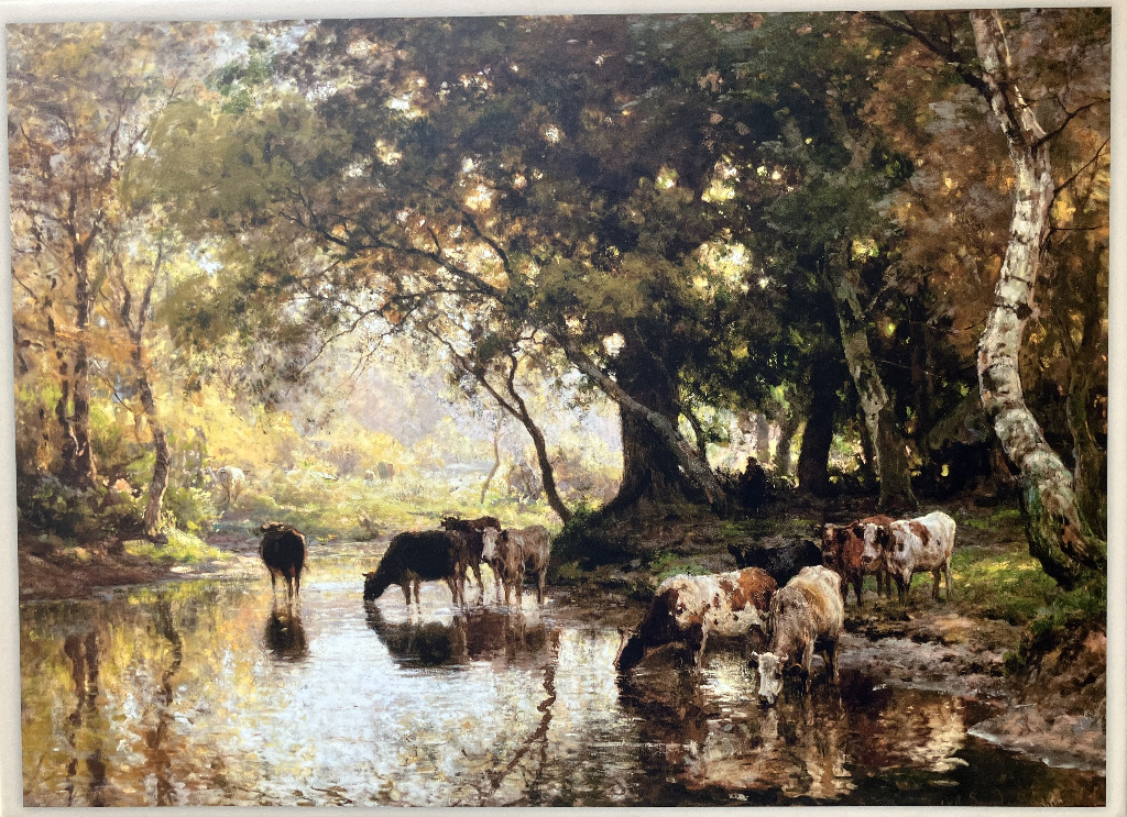 An oil painting of cows drinking from a sun-dappled stream in an autumn forest.