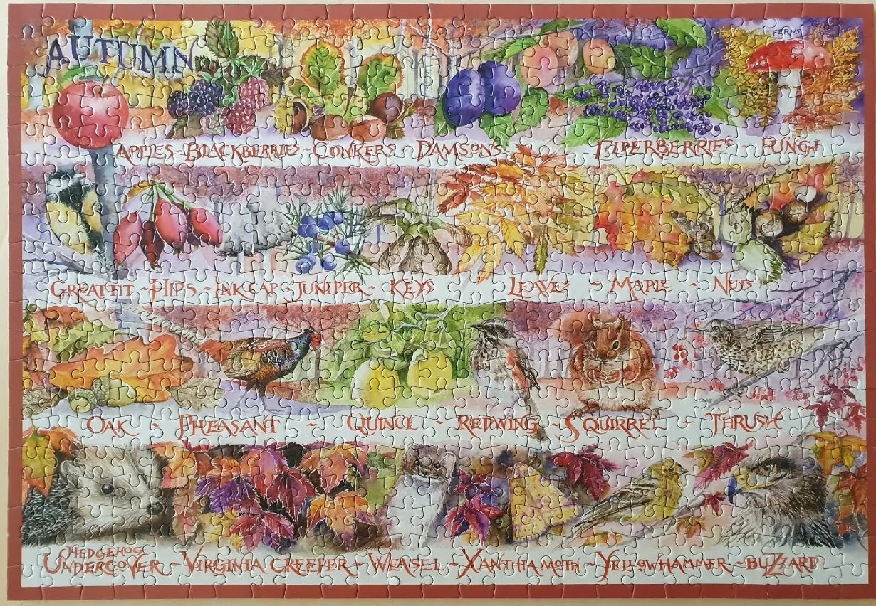 An illustrated grid of flora and fauna labeled with autumn-themed motifs.