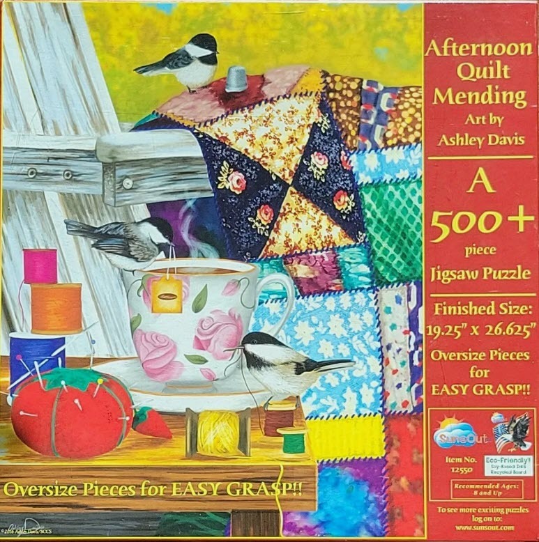 An illustration of three chickadees around a teacup and a colorful patchwork quilt.