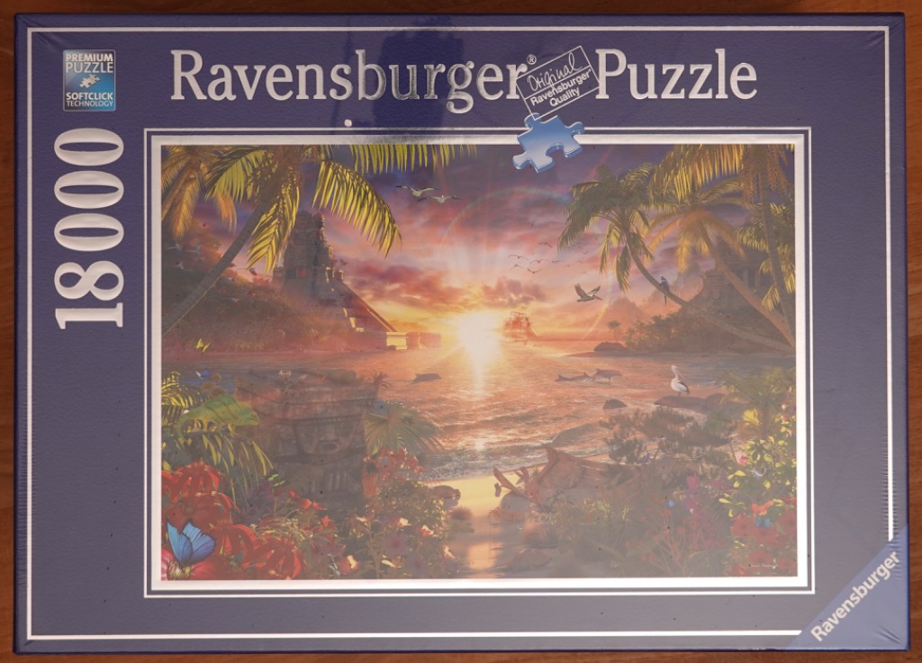 Tropical sunset scene with ancient stone ruins, palm trees, and dolphins in the ocean.