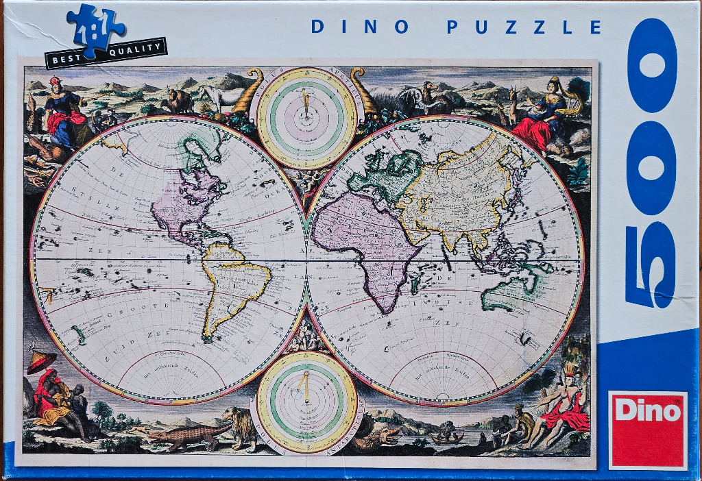 Antique-style double hemispherical world map illustration with allegorical figures in the corners.