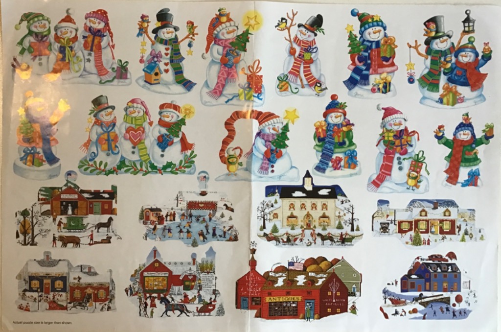 Collection of illustrated snowmen and festive winter village scenes against a white background.