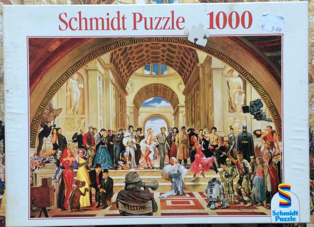 A montage painting of diverse cinematic characters gathered in a grand, sunlit Roman-style hall.