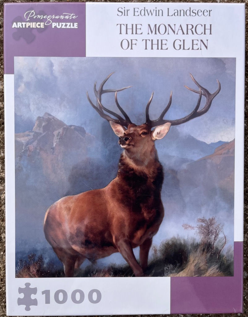 A majestic red deer stag with large antlers standing in a misty, mountainous Scottish glen, oil painting style.