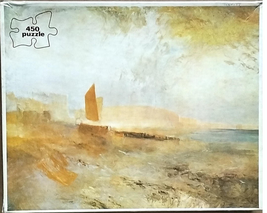 Impressionistic oil painting of a sailboat on a golden, misty shoreline by J.M.W. Turner