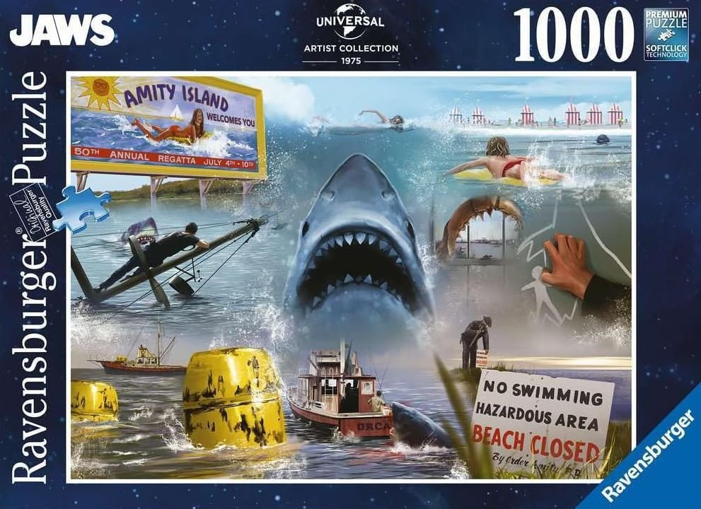 A montage of scenes from the movie Jaws, featuring a large shark, beach signage, and characters on boats.