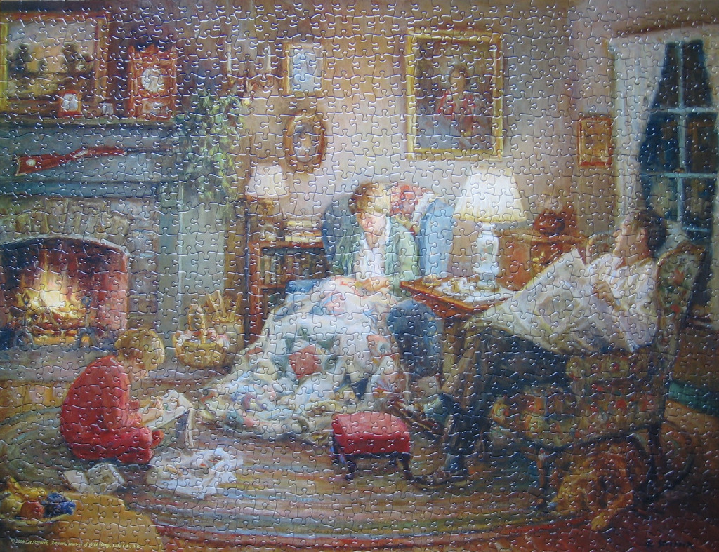 A cozy family scene with a fire, a woman sewing, and a child playing in a warm, dimly lit living room.