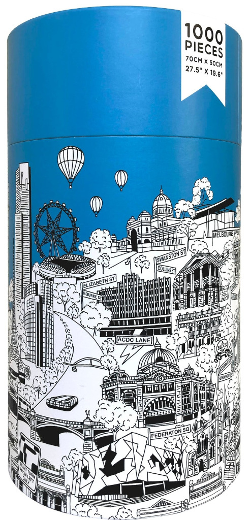 Line art illustration of Melbourne city landmarks on a bright blue background.