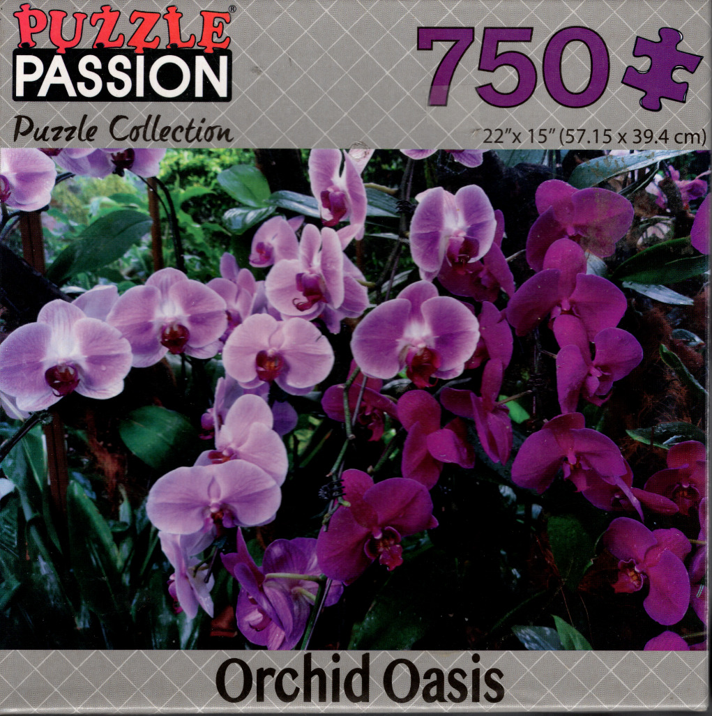 A cluster of vibrant purple and light pink phalaenopsis orchids in a dense garden setting.