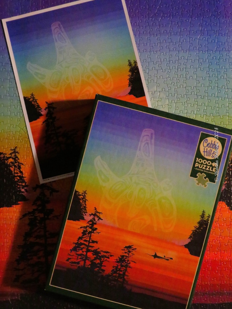 A scenic sunset illustration featuring a spectral totem figure and silhouettes of fir trees over a still body of water.