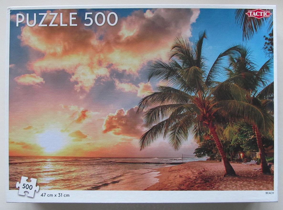 Tropical beach scene at sunset with silhouetted palm trees