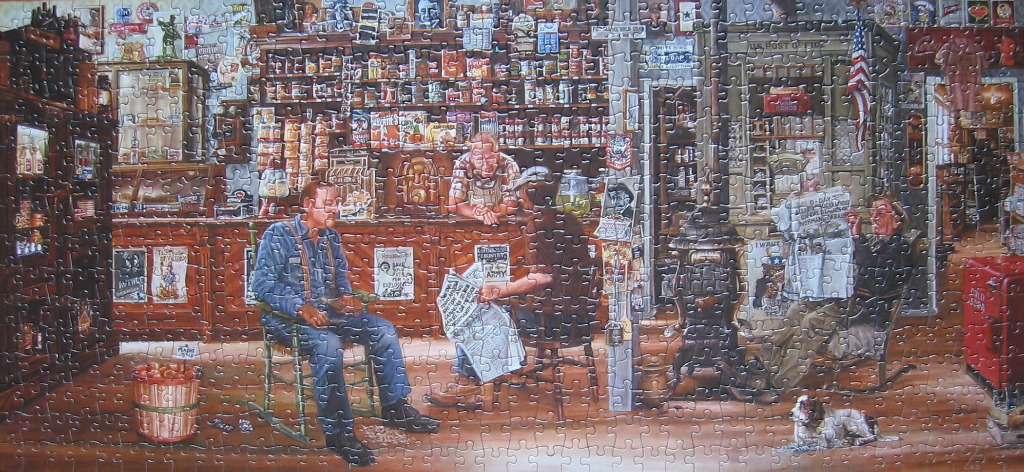 Nostalgic 1940s general store interior with patrons reading newspapers and a wood-burning stove.