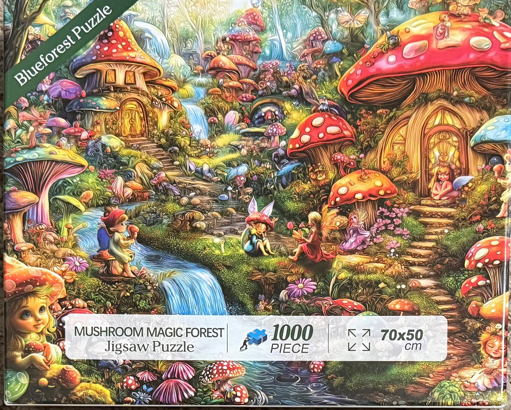 Whimsical forest scene with fairy-inhabited mushroom houses and a stream.
