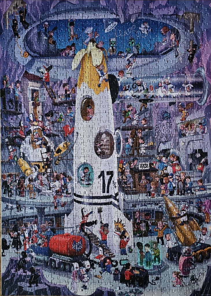 A cartoon illustration of a banana-shaped rocket ship in a busy subterranean hangar filled with people and aliens.