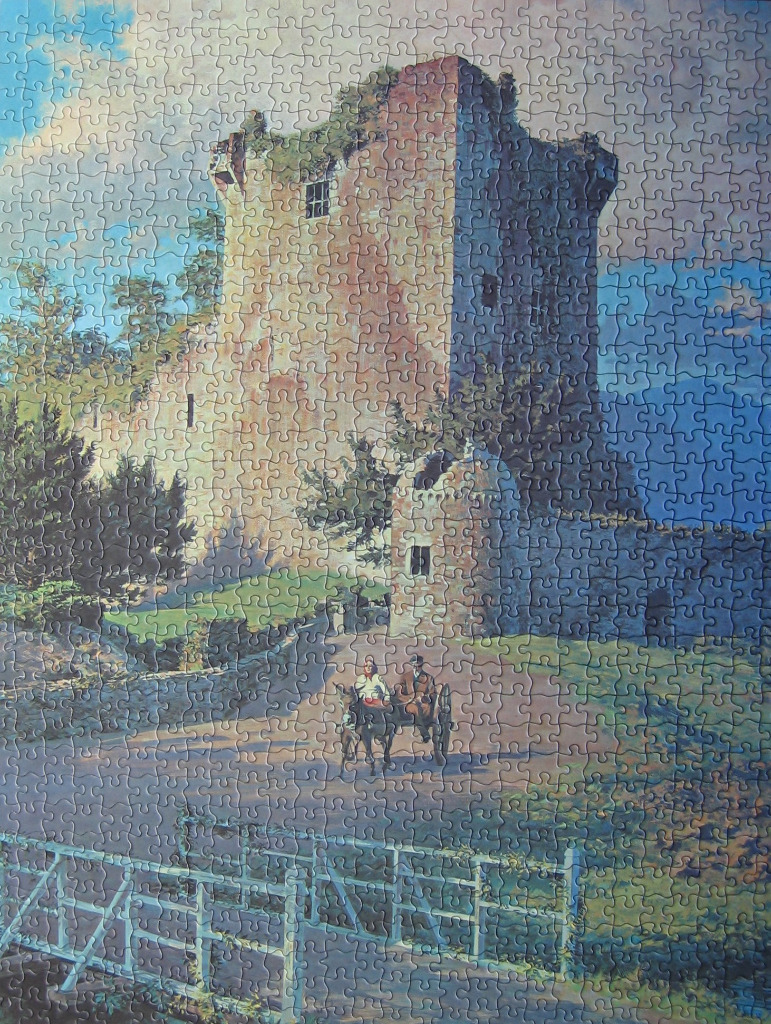A painting of a tall stone castle tower in Scotland with a horse and carriage in the foreground.