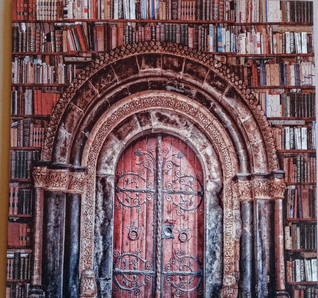 An ornate, weathered wooden door with iron scrollwork centered in a library filled with floor-to-ceiling bookshelves.
