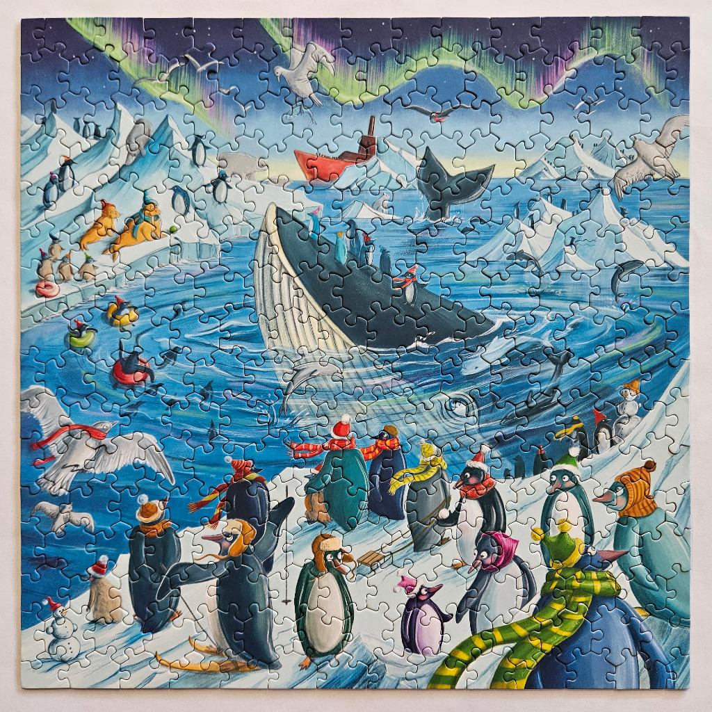 A whimsical Arctic scene featuring penguins in winter gear observing a large whale under the northern lights.
