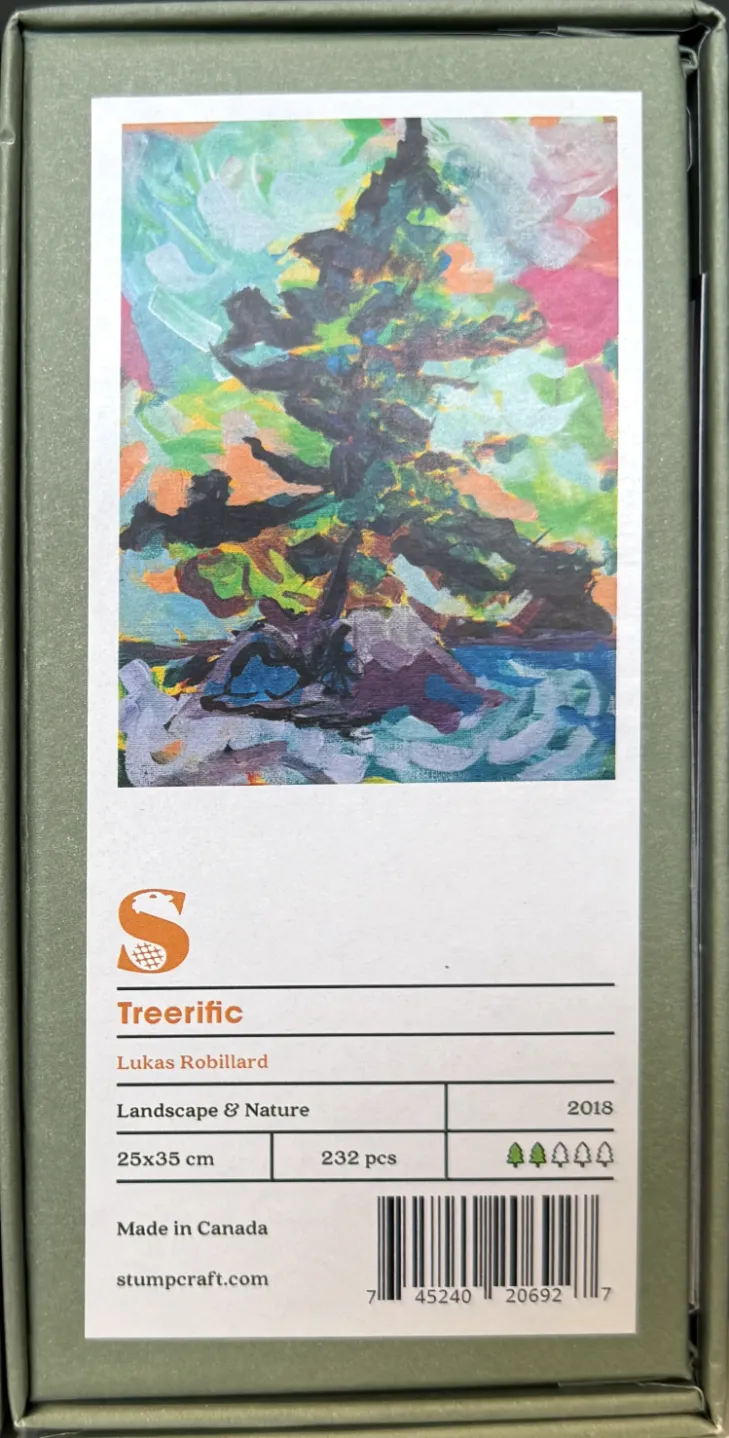 Impressionistic oil painting of a solitary pine tree on a rocky island at sunset.