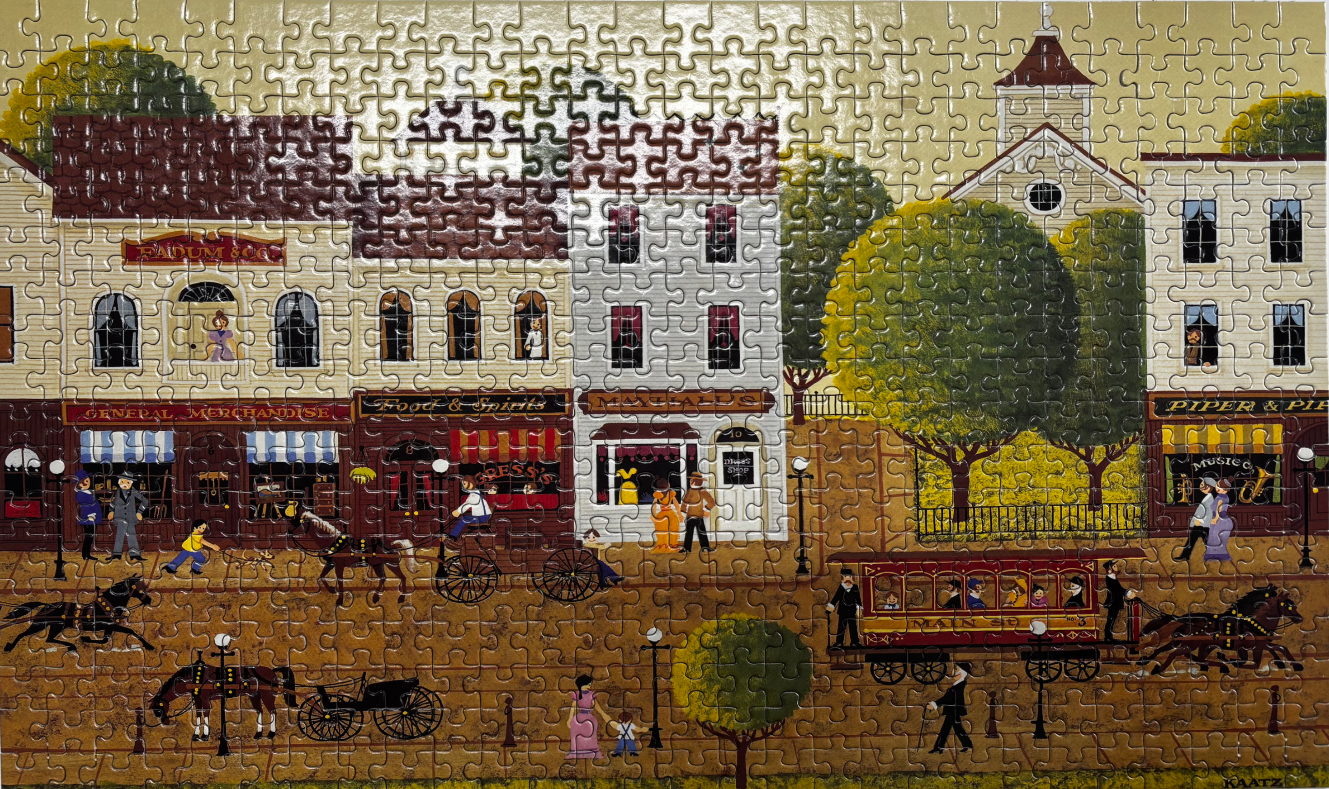 A folk art style street scene featuring historical buildings, horse-drawn carriages, and a trolley.